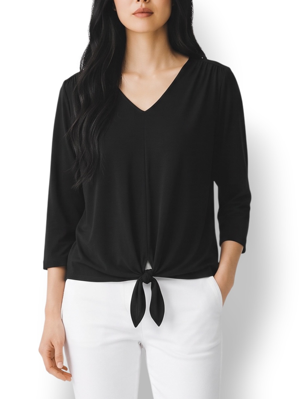 4/$20 Chico’s Black Tie Front V Neck Top 3/4 Sleeve Stretch Knit Size 2 Large